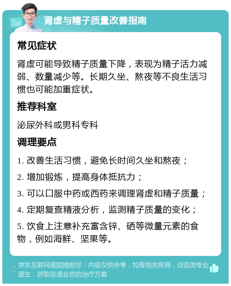 肾虚与精子质量改善指南 常见症状 肾虚可能导致精子质量下降，表现为精子活力减弱、数量减少等。长期久坐、熬夜等不良生活习惯也可能加重症状。 推荐科室 泌尿外科或男科专科 调理要点 1. 改善生活习惯，避免长时间久坐和熬夜； 2. 增加锻炼，提高身体抵抗力； 3. 可以口服中药或西药来调理肾虚和精子质量； 4. 定期复查精液分析，监测精子质量的变化； 5. 饮食上注意补充富含锌、硒等微量元素的食物，例如海鲜、坚果等。