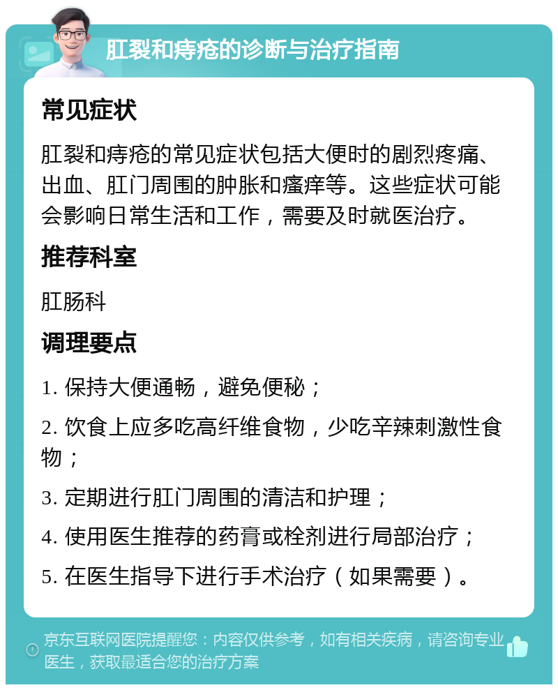 肛裂和痔疮的诊断与治疗指南 常见症状 肛裂和痔疮的常见症状包括大便时的剧烈疼痛、出血、肛门周围的肿胀和瘙痒等。这些症状可能会影响日常生活和工作，需要及时就医治疗。 推荐科室 肛肠科 调理要点 1. 保持大便通畅，避免便秘； 2. 饮食上应多吃高纤维食物，少吃辛辣刺激性食物； 3. 定期进行肛门周围的清洁和护理； 4. 使用医生推荐的药膏或栓剂进行局部治疗； 5. 在医生指导下进行手术治疗（如果需要）。