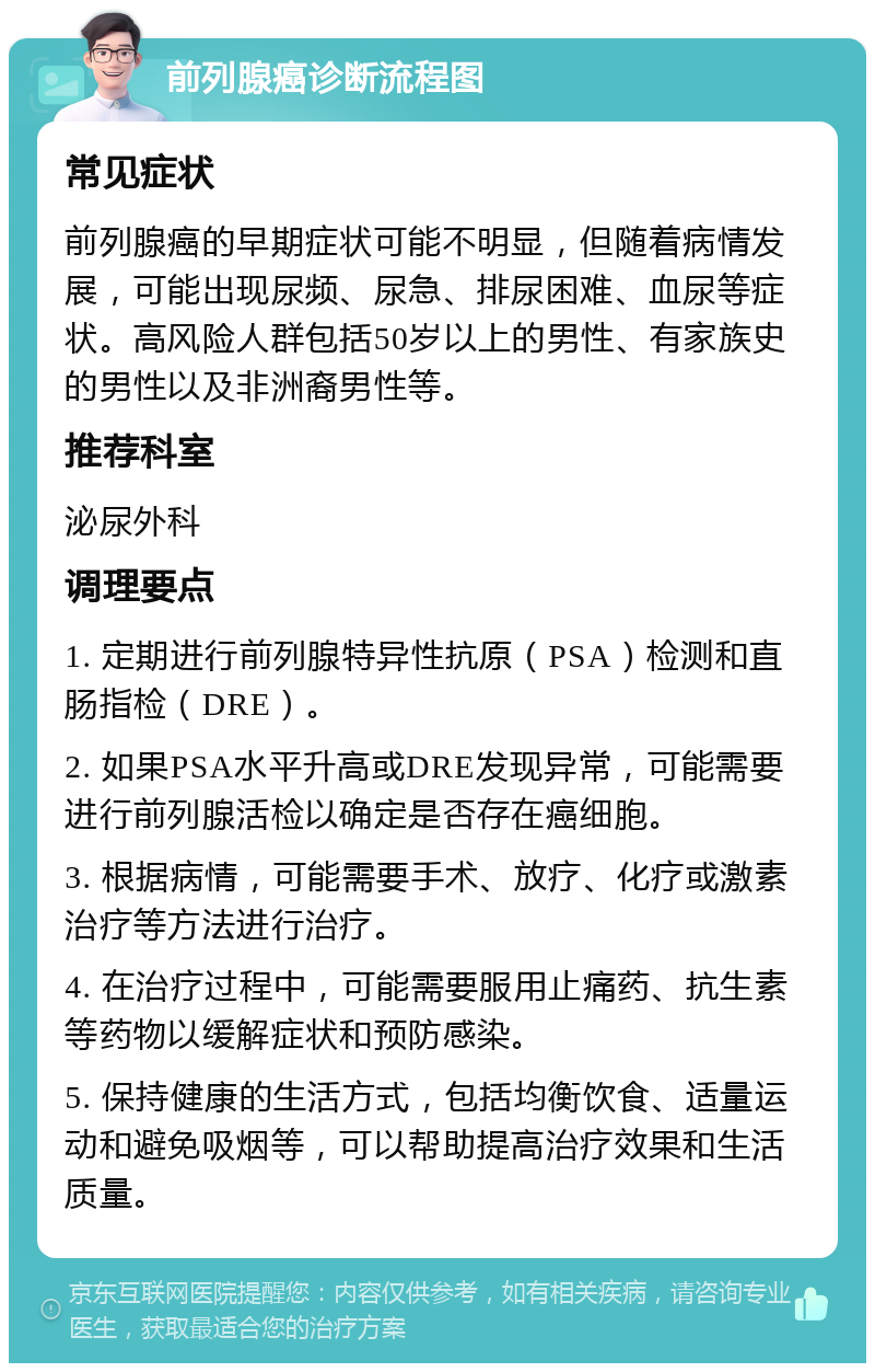 前列腺癌诊断流程图 常见症状 前列腺癌的早期症状可能不明显，但随着病情发展，可能出现尿频、尿急、排尿困难、血尿等症状。高风险人群包括50岁以上的男性、有家族史的男性以及非洲裔男性等。 推荐科室 泌尿外科 调理要点 1. 定期进行前列腺特异性抗原（PSA）检测和直肠指检（DRE）。 2. 如果PSA水平升高或DRE发现异常，可能需要进行前列腺活检以确定是否存在癌细胞。 3. 根据病情，可能需要手术、放疗、化疗或激素治疗等方法进行治疗。 4. 在治疗过程中，可能需要服用止痛药、抗生素等药物以缓解症状和预防感染。 5. 保持健康的生活方式，包括均衡饮食、适量运动和避免吸烟等，可以帮助提高治疗效果和生活质量。