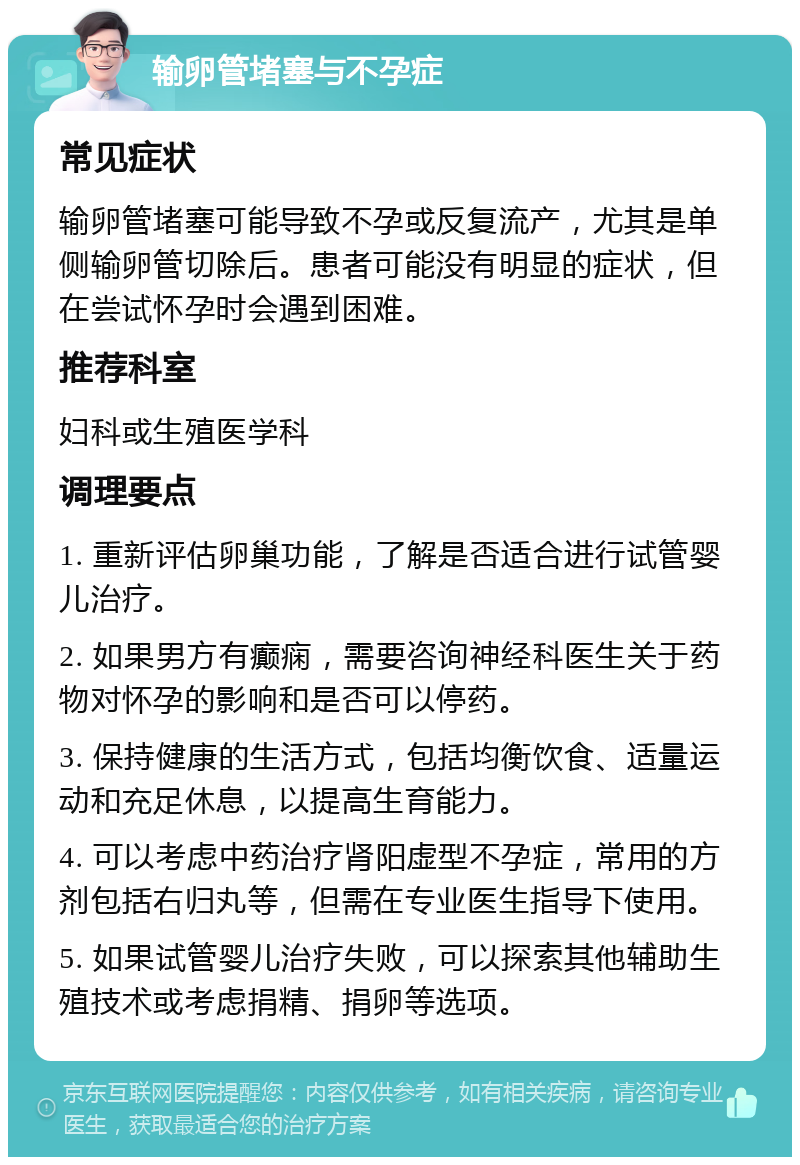 输卵管堵塞与不孕症 常见症状 输卵管堵塞可能导致不孕或反复流产，尤其是单侧输卵管切除后。患者可能没有明显的症状，但在尝试怀孕时会遇到困难。 推荐科室 妇科或生殖医学科 调理要点 1. 重新评估卵巢功能，了解是否适合进行试管婴儿治疗。 2. 如果男方有癫痫，需要咨询神经科医生关于药物对怀孕的影响和是否可以停药。 3. 保持健康的生活方式，包括均衡饮食、适量运动和充足休息，以提高生育能力。 4. 可以考虑中药治疗肾阳虚型不孕症，常用的方剂包括右归丸等，但需在专业医生指导下使用。 5. 如果试管婴儿治疗失败，可以探索其他辅助生殖技术或考虑捐精、捐卵等选项。