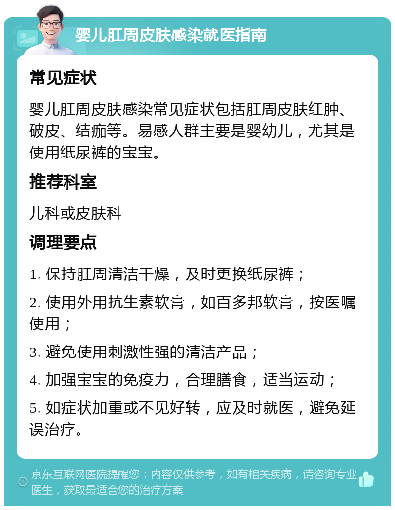 婴儿肛周皮肤感染就医指南 常见症状 婴儿肛周皮肤感染常见症状包括肛周皮肤红肿、破皮、结痂等。易感人群主要是婴幼儿，尤其是使用纸尿裤的宝宝。 推荐科室 儿科或皮肤科 调理要点 1. 保持肛周清洁干燥，及时更换纸尿裤； 2. 使用外用抗生素软膏，如百多邦软膏，按医嘱使用； 3. 避免使用刺激性强的清洁产品； 4. 加强宝宝的免疫力，合理膳食，适当运动； 5. 如症状加重或不见好转，应及时就医，避免延误治疗。