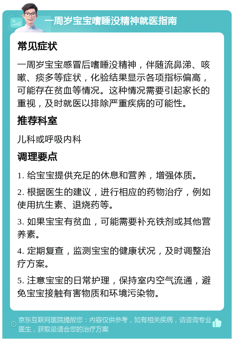 一周岁宝宝嗜睡没精神就医指南 常见症状 一周岁宝宝感冒后嗜睡没精神，伴随流鼻涕、咳嗽、痰多等症状，化验结果显示各项指标偏高，可能存在贫血等情况。这种情况需要引起家长的重视，及时就医以排除严重疾病的可能性。 推荐科室 儿科或呼吸内科 调理要点 1. 给宝宝提供充足的休息和营养，增强体质。 2. 根据医生的建议，进行相应的药物治疗，例如使用抗生素、退烧药等。 3. 如果宝宝有贫血，可能需要补充铁剂或其他营养素。 4. 定期复查，监测宝宝的健康状况，及时调整治疗方案。 5. 注意宝宝的日常护理，保持室内空气流通，避免宝宝接触有害物质和环境污染物。