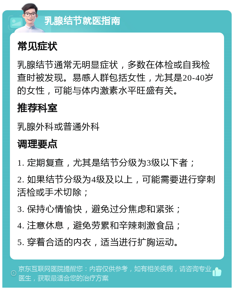 乳腺结节就医指南 常见症状 乳腺结节通常无明显症状，多数在体检或自我检查时被发现。易感人群包括女性，尤其是20-40岁的女性，可能与体内激素水平旺盛有关。 推荐科室 乳腺外科或普通外科 调理要点 1. 定期复查，尤其是结节分级为3级以下者； 2. 如果结节分级为4级及以上，可能需要进行穿刺活检或手术切除； 3. 保持心情愉快，避免过分焦虑和紧张； 4. 注意休息，避免劳累和辛辣刺激食品； 5. 穿着合适的内衣，适当进行扩胸运动。