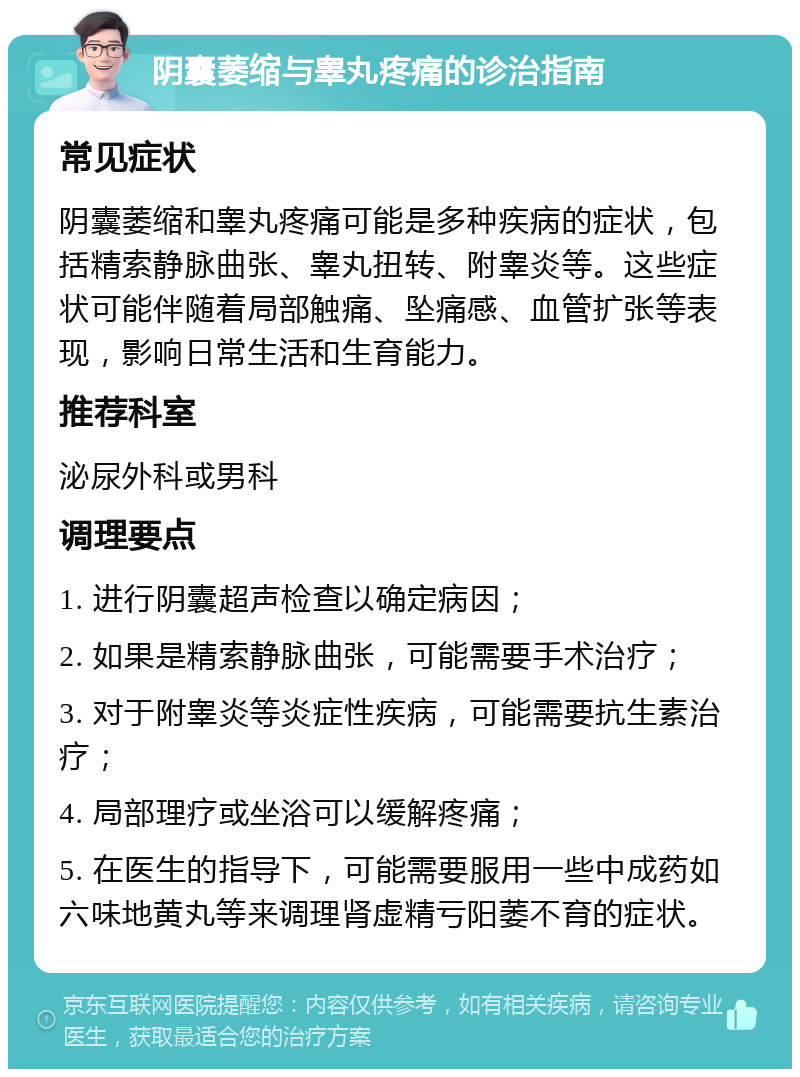 阴囊萎缩与睾丸疼痛的诊治指南 常见症状 阴囊萎缩和睾丸疼痛可能是多种疾病的症状，包括精索静脉曲张、睾丸扭转、附睾炎等。这些症状可能伴随着局部触痛、坠痛感、血管扩张等表现，影响日常生活和生育能力。 推荐科室 泌尿外科或男科 调理要点 1. 进行阴囊超声检查以确定病因； 2. 如果是精索静脉曲张，可能需要手术治疗； 3. 对于附睾炎等炎症性疾病，可能需要抗生素治疗； 4. 局部理疗或坐浴可以缓解疼痛； 5. 在医生的指导下，可能需要服用一些中成药如六味地黄丸等来调理肾虚精亏阳萎不育的症状。