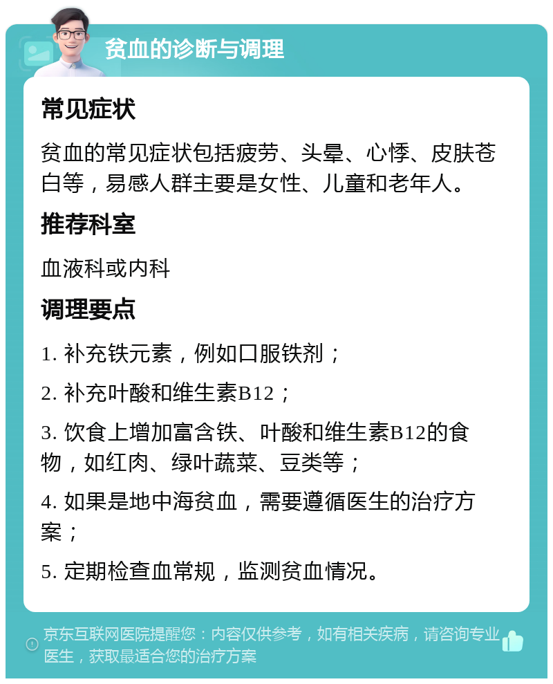 贫血的诊断与调理 常见症状 贫血的常见症状包括疲劳、头晕、心悸、皮肤苍白等，易感人群主要是女性、儿童和老年人。 推荐科室 血液科或内科 调理要点 1. 补充铁元素，例如口服铁剂； 2. 补充叶酸和维生素B12； 3. 饮食上增加富含铁、叶酸和维生素B12的食物，如红肉、绿叶蔬菜、豆类等； 4. 如果是地中海贫血，需要遵循医生的治疗方案； 5. 定期检查血常规，监测贫血情况。