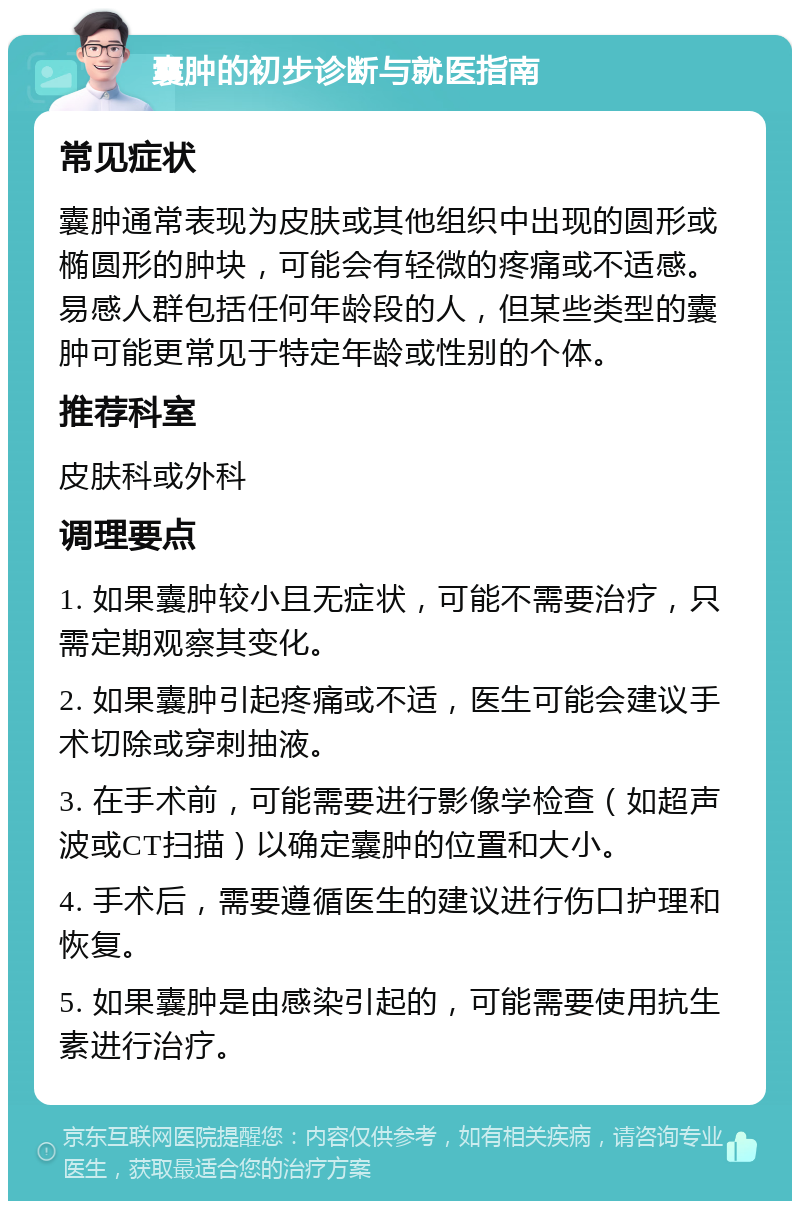 囊肿的初步诊断与就医指南 常见症状 囊肿通常表现为皮肤或其他组织中出现的圆形或椭圆形的肿块，可能会有轻微的疼痛或不适感。易感人群包括任何年龄段的人，但某些类型的囊肿可能更常见于特定年龄或性别的个体。 推荐科室 皮肤科或外科 调理要点 1. 如果囊肿较小且无症状，可能不需要治疗，只需定期观察其变化。 2. 如果囊肿引起疼痛或不适，医生可能会建议手术切除或穿刺抽液。 3. 在手术前，可能需要进行影像学检查（如超声波或CT扫描）以确定囊肿的位置和大小。 4. 手术后，需要遵循医生的建议进行伤口护理和恢复。 5. 如果囊肿是由感染引起的，可能需要使用抗生素进行治疗。