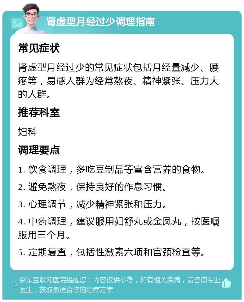 肾虚型月经过少调理指南 常见症状 肾虚型月经过少的常见症状包括月经量减少、腰疼等，易感人群为经常熬夜、精神紧张、压力大的人群。 推荐科室 妇科 调理要点 1. 饮食调理，多吃豆制品等富含营养的食物。 2. 避免熬夜，保持良好的作息习惯。 3. 心理调节，减少精神紧张和压力。 4. 中药调理，建议服用妇舒丸或金凤丸，按医嘱服用三个月。 5. 定期复查，包括性激素六项和宫颈检查等。