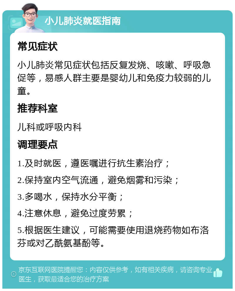 小儿肺炎就医指南 常见症状 小儿肺炎常见症状包括反复发烧、咳嗽、呼吸急促等，易感人群主要是婴幼儿和免疫力较弱的儿童。 推荐科室 儿科或呼吸内科 调理要点 1.及时就医，遵医嘱进行抗生素治疗； 2.保持室内空气流通，避免烟雾和污染； 3.多喝水，保持水分平衡； 4.注意休息，避免过度劳累； 5.根据医生建议，可能需要使用退烧药物如布洛芬或对乙酰氨基酚等。