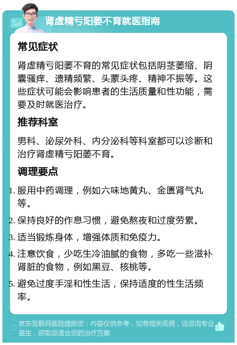 肾虚精亏阳萎不育就医指南 常见症状 肾虚精亏阳萎不育的常见症状包括阴茎萎缩、阴囊骚痒、遗精频繁、头蒙头疼、精神不振等。这些症状可能会影响患者的生活质量和性功能，需要及时就医治疗。 推荐科室 男科、泌尿外科、内分泌科等科室都可以诊断和治疗肾虚精亏阳萎不育。 调理要点 服用中药调理，例如六味地黄丸、金匮肾气丸等。 保持良好的作息习惯，避免熬夜和过度劳累。 适当锻炼身体，增强体质和免疫力。 注意饮食，少吃生冷油腻的食物，多吃一些滋补肾脏的食物，例如黑豆、核桃等。 避免过度手淫和性生活，保持适度的性生活频率。