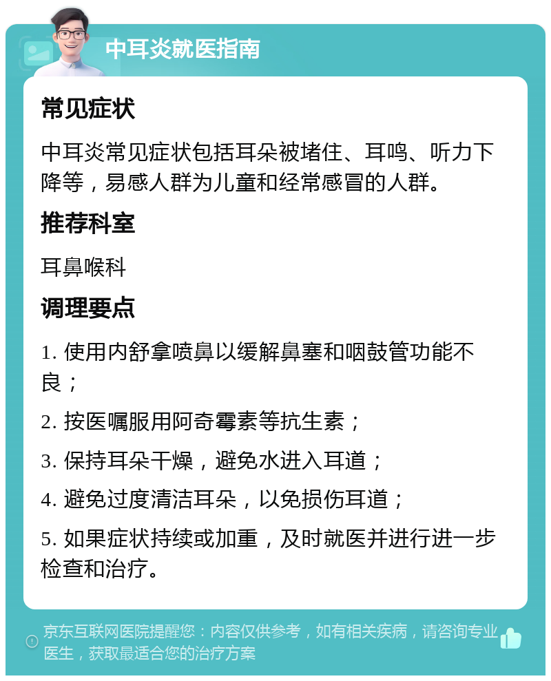 中耳炎就医指南 常见症状 中耳炎常见症状包括耳朵被堵住、耳鸣、听力下降等，易感人群为儿童和经常感冒的人群。 推荐科室 耳鼻喉科 调理要点 1. 使用内舒拿喷鼻以缓解鼻塞和咽鼓管功能不良； 2. 按医嘱服用阿奇霉素等抗生素； 3. 保持耳朵干燥，避免水进入耳道； 4. 避免过度清洁耳朵，以免损伤耳道； 5. 如果症状持续或加重，及时就医并进行进一步检查和治疗。