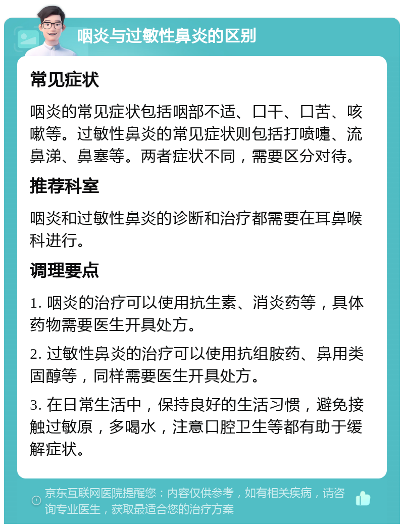 咽炎与过敏性鼻炎的区别 常见症状 咽炎的常见症状包括咽部不适、口干、口苦、咳嗽等。过敏性鼻炎的常见症状则包括打喷嚏、流鼻涕、鼻塞等。两者症状不同，需要区分对待。 推荐科室 咽炎和过敏性鼻炎的诊断和治疗都需要在耳鼻喉科进行。 调理要点 1. 咽炎的治疗可以使用抗生素、消炎药等，具体药物需要医生开具处方。 2. 过敏性鼻炎的治疗可以使用抗组胺药、鼻用类固醇等，同样需要医生开具处方。 3. 在日常生活中，保持良好的生活习惯，避免接触过敏原，多喝水，注意口腔卫生等都有助于缓解症状。