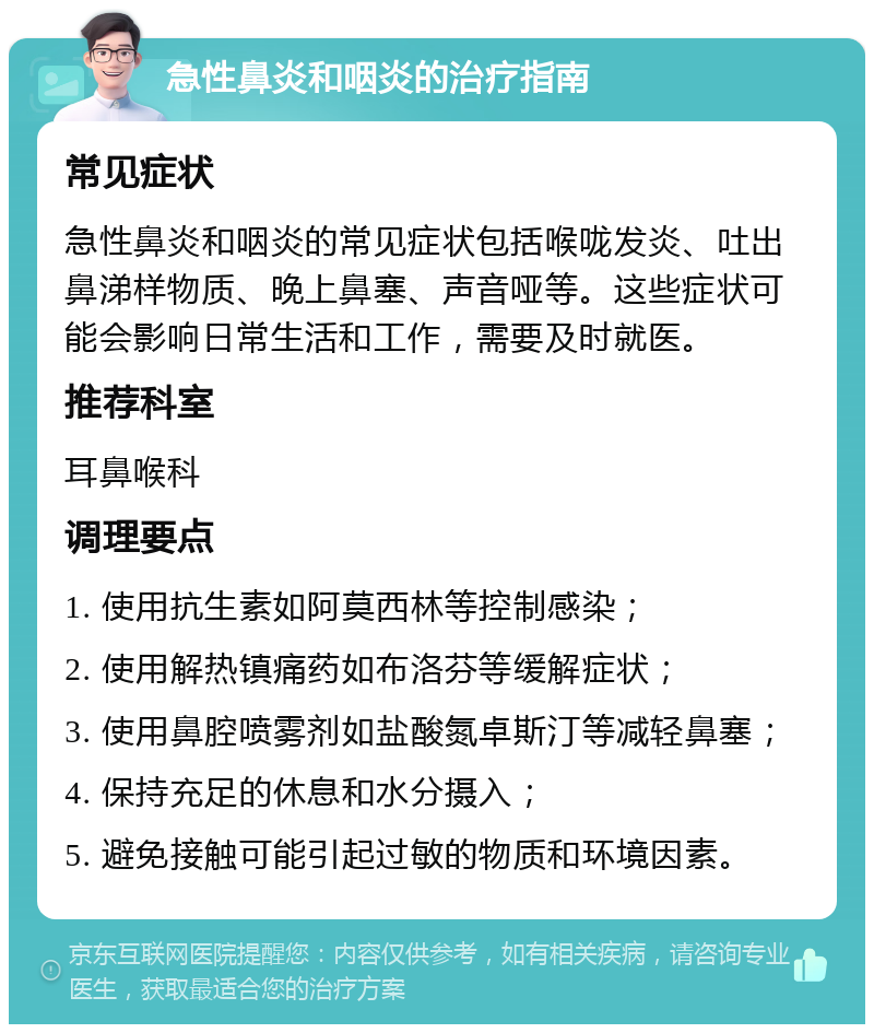 急性鼻炎和咽炎的治疗指南 常见症状 急性鼻炎和咽炎的常见症状包括喉咙发炎、吐出鼻涕样物质、晚上鼻塞、声音哑等。这些症状可能会影响日常生活和工作，需要及时就医。 推荐科室 耳鼻喉科 调理要点 1. 使用抗生素如阿莫西林等控制感染； 2. 使用解热镇痛药如布洛芬等缓解症状； 3. 使用鼻腔喷雾剂如盐酸氮卓斯汀等减轻鼻塞； 4. 保持充足的休息和水分摄入； 5. 避免接触可能引起过敏的物质和环境因素。