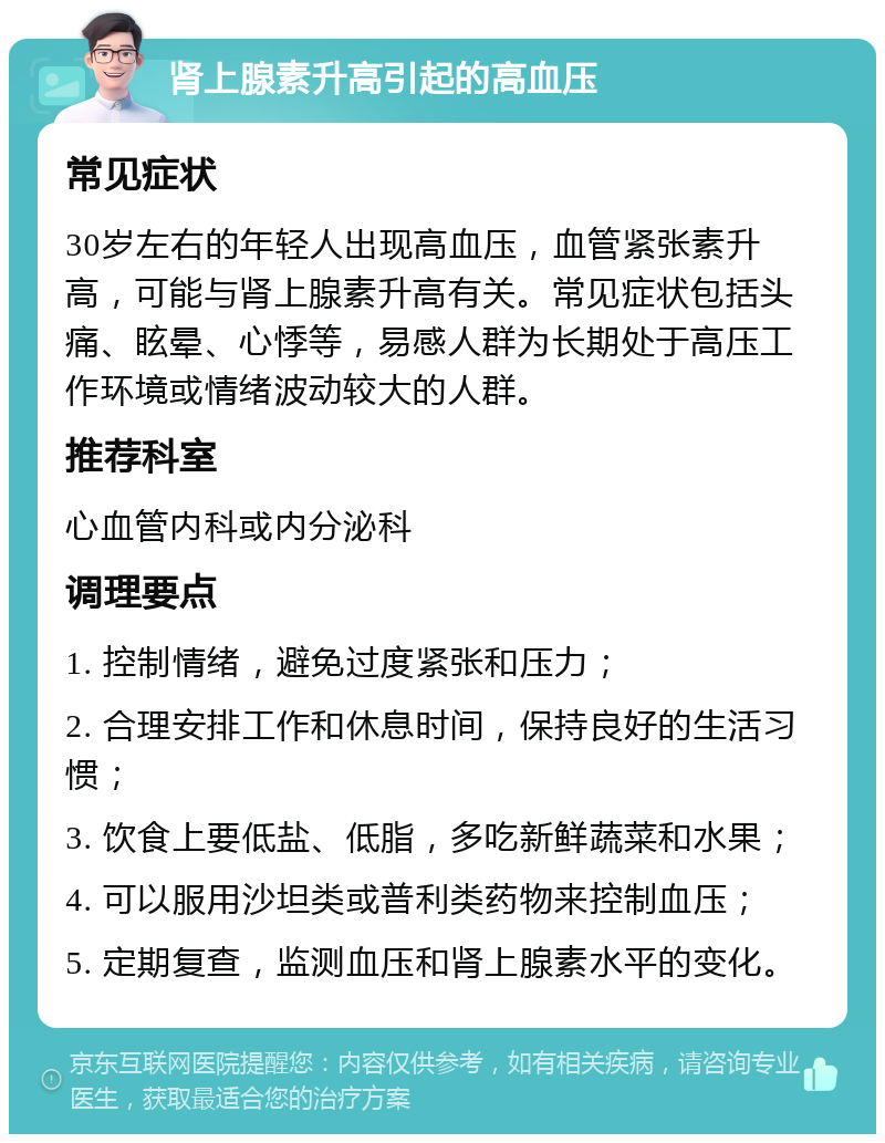 肾上腺素升高引起的高血压 常见症状 30岁左右的年轻人出现高血压，血管紧张素升高，可能与肾上腺素升高有关。常见症状包括头痛、眩晕、心悸等，易感人群为长期处于高压工作环境或情绪波动较大的人群。 推荐科室 心血管内科或内分泌科 调理要点 1. 控制情绪，避免过度紧张和压力； 2. 合理安排工作和休息时间，保持良好的生活习惯； 3. 饮食上要低盐、低脂，多吃新鲜蔬菜和水果； 4. 可以服用沙坦类或普利类药物来控制血压； 5. 定期复查，监测血压和肾上腺素水平的变化。