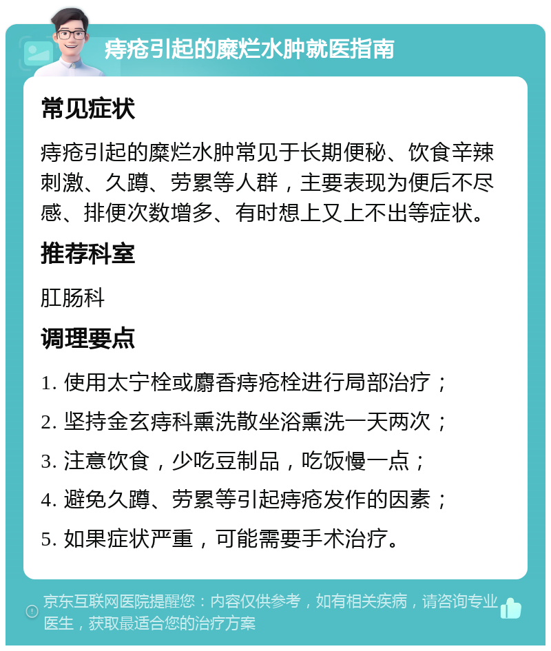 痔疮引起的糜烂水肿就医指南 常见症状 痔疮引起的糜烂水肿常见于长期便秘、饮食辛辣刺激、久蹲、劳累等人群，主要表现为便后不尽感、排便次数增多、有时想上又上不出等症状。 推荐科室 肛肠科 调理要点 1. 使用太宁栓或麝香痔疮栓进行局部治疗； 2. 坚持金玄痔科熏洗散坐浴熏洗一天两次； 3. 注意饮食，少吃豆制品，吃饭慢一点； 4. 避免久蹲、劳累等引起痔疮发作的因素； 5. 如果症状严重，可能需要手术治疗。