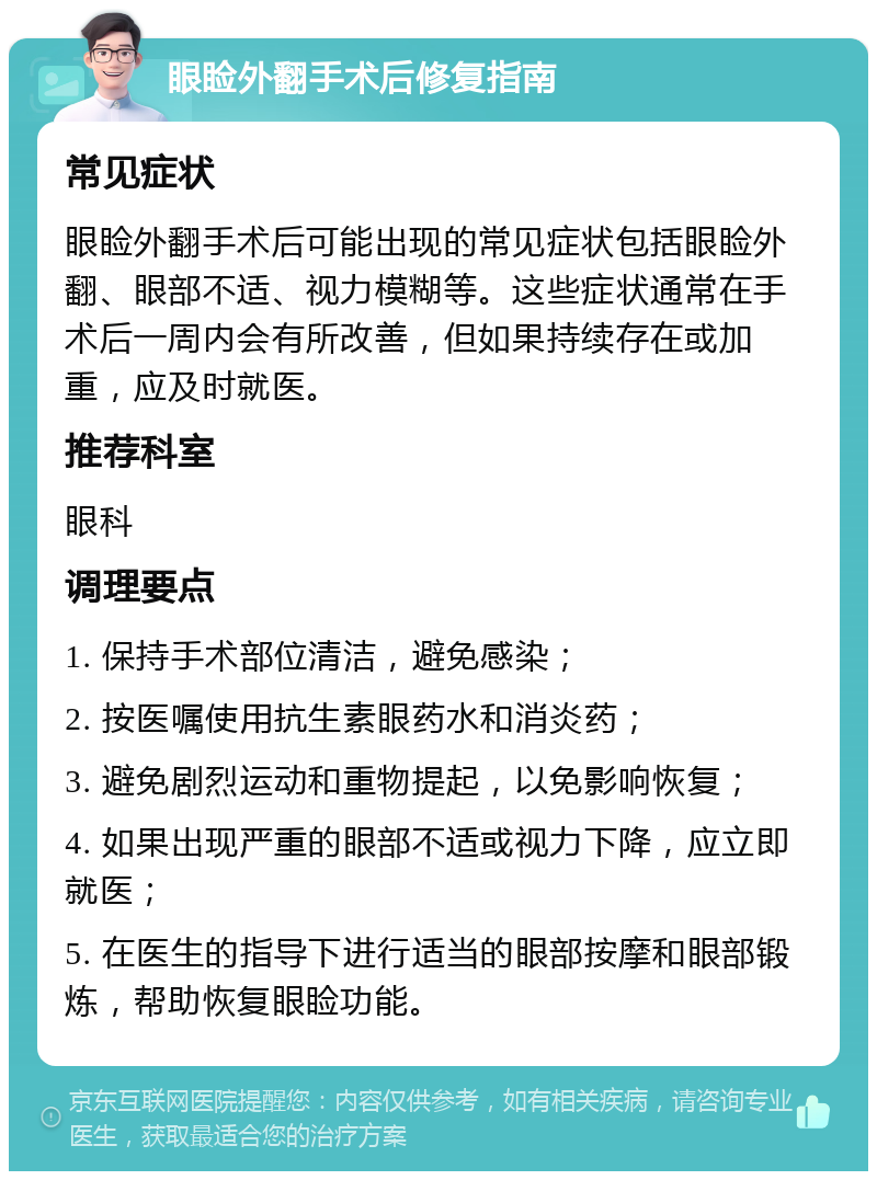 眼睑外翻手术后修复指南 常见症状 眼睑外翻手术后可能出现的常见症状包括眼睑外翻、眼部不适、视力模糊等。这些症状通常在手术后一周内会有所改善，但如果持续存在或加重，应及时就医。 推荐科室 眼科 调理要点 1. 保持手术部位清洁，避免感染； 2. 按医嘱使用抗生素眼药水和消炎药； 3. 避免剧烈运动和重物提起，以免影响恢复； 4. 如果出现严重的眼部不适或视力下降，应立即就医； 5. 在医生的指导下进行适当的眼部按摩和眼部锻炼，帮助恢复眼睑功能。