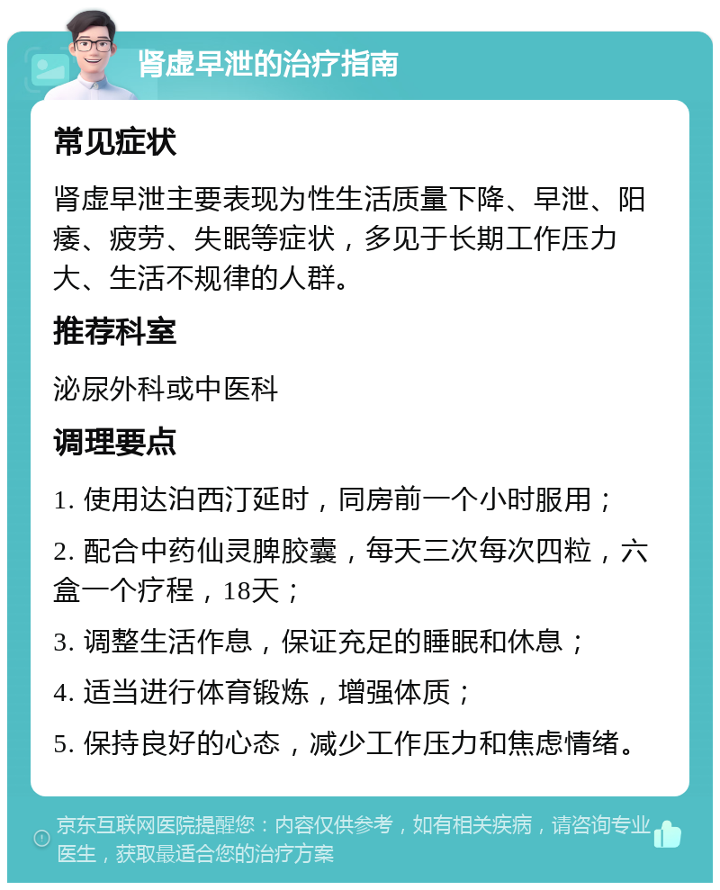 肾虚早泄的治疗指南 常见症状 肾虚早泄主要表现为性生活质量下降、早泄、阳痿、疲劳、失眠等症状，多见于长期工作压力大、生活不规律的人群。 推荐科室 泌尿外科或中医科 调理要点 1. 使用达泊西汀延时，同房前一个小时服用； 2. 配合中药仙灵脾胶囊，每天三次每次四粒，六盒一个疗程，18天； 3. 调整生活作息，保证充足的睡眠和休息； 4. 适当进行体育锻炼，增强体质； 5. 保持良好的心态，减少工作压力和焦虑情绪。