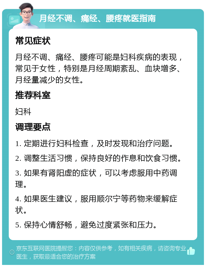 月经不调、痛经、腰疼就医指南 常见症状 月经不调、痛经、腰疼可能是妇科疾病的表现，常见于女性，特别是月经周期紊乱、血块增多、月经量减少的女性。 推荐科室 妇科 调理要点 1. 定期进行妇科检查，及时发现和治疗问题。 2. 调整生活习惯，保持良好的作息和饮食习惯。 3. 如果有肾阳虚的症状，可以考虑服用中药调理。 4. 如果医生建议，服用顺尔宁等药物来缓解症状。 5. 保持心情舒畅，避免过度紧张和压力。