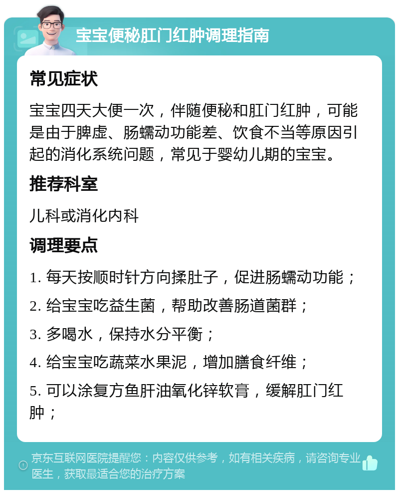 宝宝便秘肛门红肿调理指南 常见症状 宝宝四天大便一次，伴随便秘和肛门红肿，可能是由于脾虚、肠蠕动功能差、饮食不当等原因引起的消化系统问题，常见于婴幼儿期的宝宝。 推荐科室 儿科或消化内科 调理要点 1. 每天按顺时针方向揉肚子，促进肠蠕动功能； 2. 给宝宝吃益生菌，帮助改善肠道菌群； 3. 多喝水，保持水分平衡； 4. 给宝宝吃蔬菜水果泥，增加膳食纤维； 5. 可以涂复方鱼肝油氧化锌软膏，缓解肛门红肿；