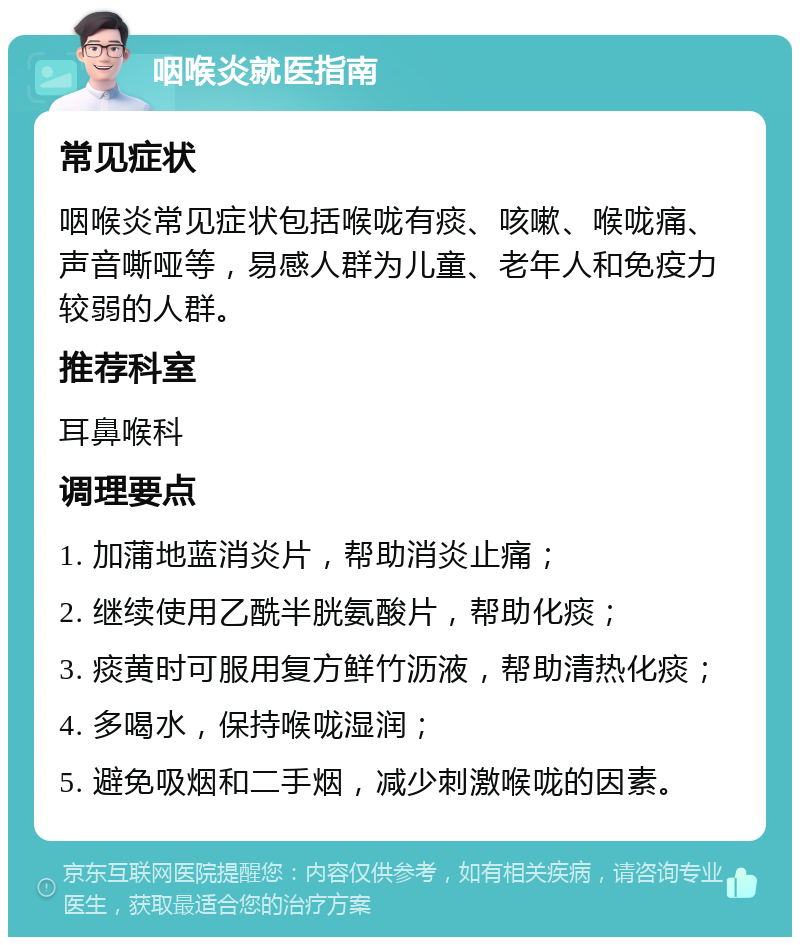 咽喉炎就医指南 常见症状 咽喉炎常见症状包括喉咙有痰、咳嗽、喉咙痛、声音嘶哑等，易感人群为儿童、老年人和免疫力较弱的人群。 推荐科室 耳鼻喉科 调理要点 1. 加蒲地蓝消炎片，帮助消炎止痛； 2. 继续使用乙酰半胱氨酸片，帮助化痰； 3. 痰黄时可服用复方鲜竹沥液，帮助清热化痰； 4. 多喝水，保持喉咙湿润； 5. 避免吸烟和二手烟，减少刺激喉咙的因素。