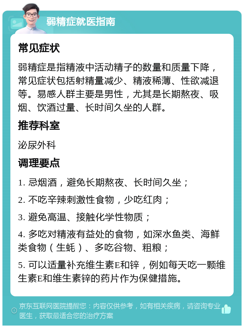 弱精症就医指南 常见症状 弱精症是指精液中活动精子的数量和质量下降，常见症状包括射精量减少、精液稀薄、性欲减退等。易感人群主要是男性，尤其是长期熬夜、吸烟、饮酒过量、长时间久坐的人群。 推荐科室 泌尿外科 调理要点 1. 忌烟酒，避免长期熬夜、长时间久坐； 2. 不吃辛辣刺激性食物，少吃红肉； 3. 避免高温、接触化学性物质； 4. 多吃对精液有益处的食物，如深水鱼类、海鲜类食物（生蚝）、多吃谷物、粗粮； 5. 可以适量补充维生素E和锌，例如每天吃一颗维生素E和维生素锌的药片作为保健措施。