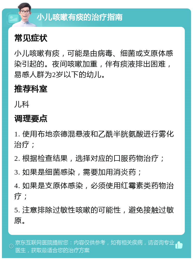 小儿咳嗽有痰的治疗指南 常见症状 小儿咳嗽有痰，可能是由病毒、细菌或支原体感染引起的。夜间咳嗽加重，伴有痰液排出困难，易感人群为2岁以下的幼儿。 推荐科室 儿科 调理要点 1. 使用布地奈德混悬液和乙酰半胱氨酸进行雾化治疗； 2. 根据检查结果，选择对应的口服药物治疗； 3. 如果是细菌感染，需要加用消炎药； 4. 如果是支原体感染，必须使用红霉素类药物治疗； 5. 注意排除过敏性咳嗽的可能性，避免接触过敏原。