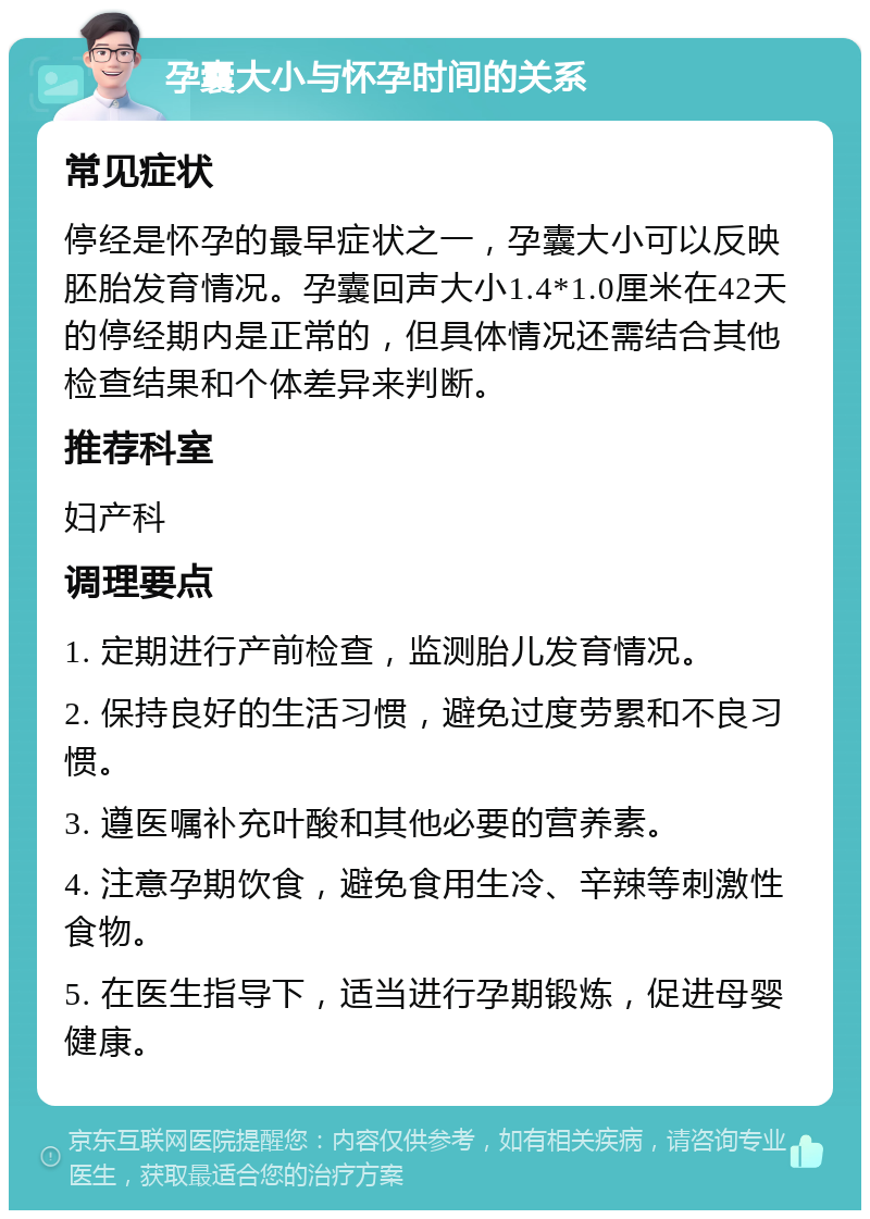 孕囊大小与怀孕时间的关系 常见症状 停经是怀孕的最早症状之一，孕囊大小可以反映胚胎发育情况。孕囊回声大小1.4*1.0厘米在42天的停经期内是正常的，但具体情况还需结合其他检查结果和个体差异来判断。 推荐科室 妇产科 调理要点 1. 定期进行产前检查，监测胎儿发育情况。 2. 保持良好的生活习惯，避免过度劳累和不良习惯。 3. 遵医嘱补充叶酸和其他必要的营养素。 4. 注意孕期饮食，避免食用生冷、辛辣等刺激性食物。 5. 在医生指导下，适当进行孕期锻炼，促进母婴健康。