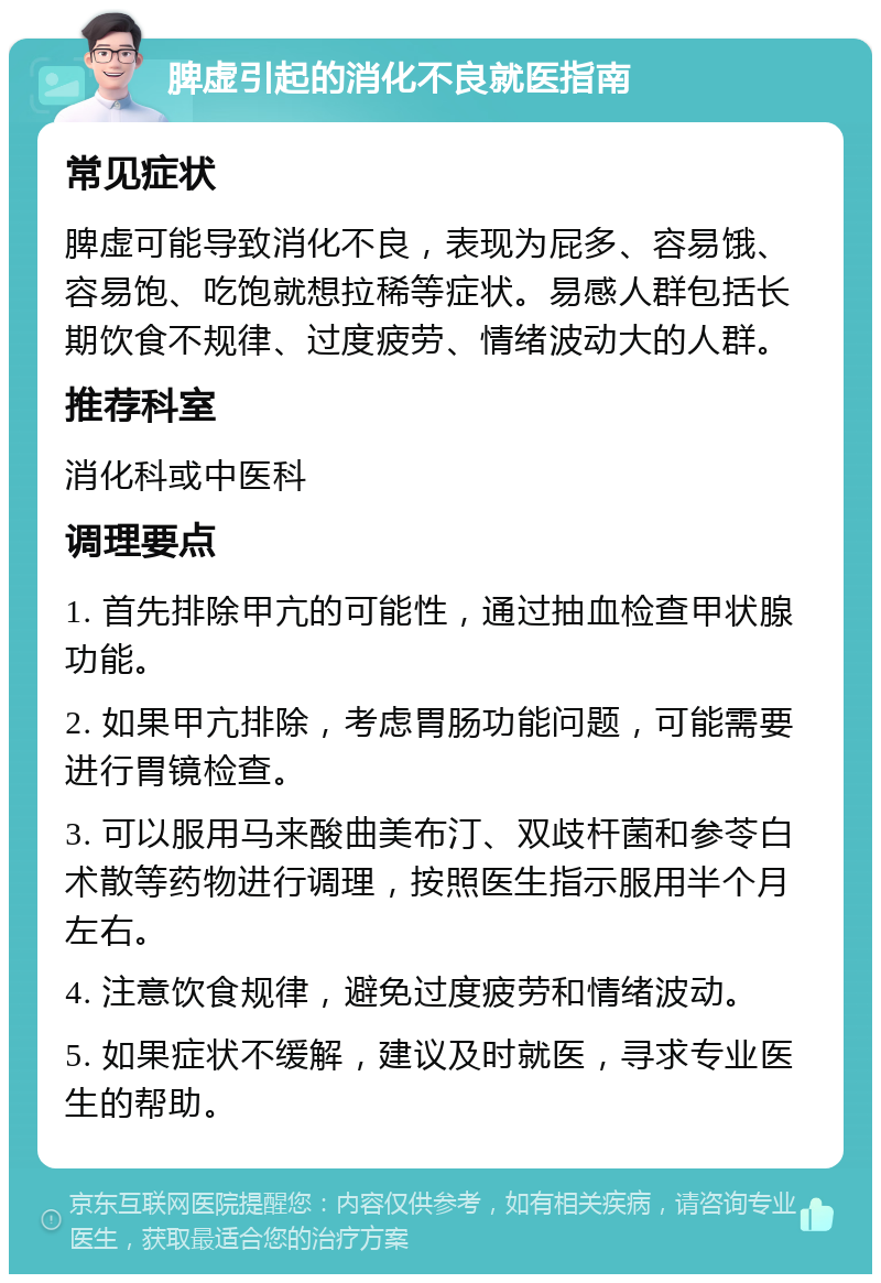 脾虚引起的消化不良就医指南 常见症状 脾虚可能导致消化不良，表现为屁多、容易饿、容易饱、吃饱就想拉稀等症状。易感人群包括长期饮食不规律、过度疲劳、情绪波动大的人群。 推荐科室 消化科或中医科 调理要点 1. 首先排除甲亢的可能性，通过抽血检查甲状腺功能。 2. 如果甲亢排除，考虑胃肠功能问题，可能需要进行胃镜检查。 3. 可以服用马来酸曲美布汀、双歧杆菌和参苓白术散等药物进行调理，按照医生指示服用半个月左右。 4. 注意饮食规律，避免过度疲劳和情绪波动。 5. 如果症状不缓解，建议及时就医，寻求专业医生的帮助。