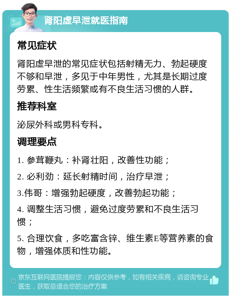 肾阳虚早泄就医指南 常见症状 肾阳虚早泄的常见症状包括射精无力、勃起硬度不够和早泄，多见于中年男性，尤其是长期过度劳累、性生活频繁或有不良生活习惯的人群。 推荐科室 泌尿外科或男科专科。 调理要点 1. 参茸鞭丸：补肾壮阳，改善性功能； 2. 必利劲：延长射精时间，治疗早泄； 3.伟哥：增强勃起硬度，改善勃起功能； 4. 调整生活习惯，避免过度劳累和不良生活习惯； 5. 合理饮食，多吃富含锌、维生素E等营养素的食物，增强体质和性功能。