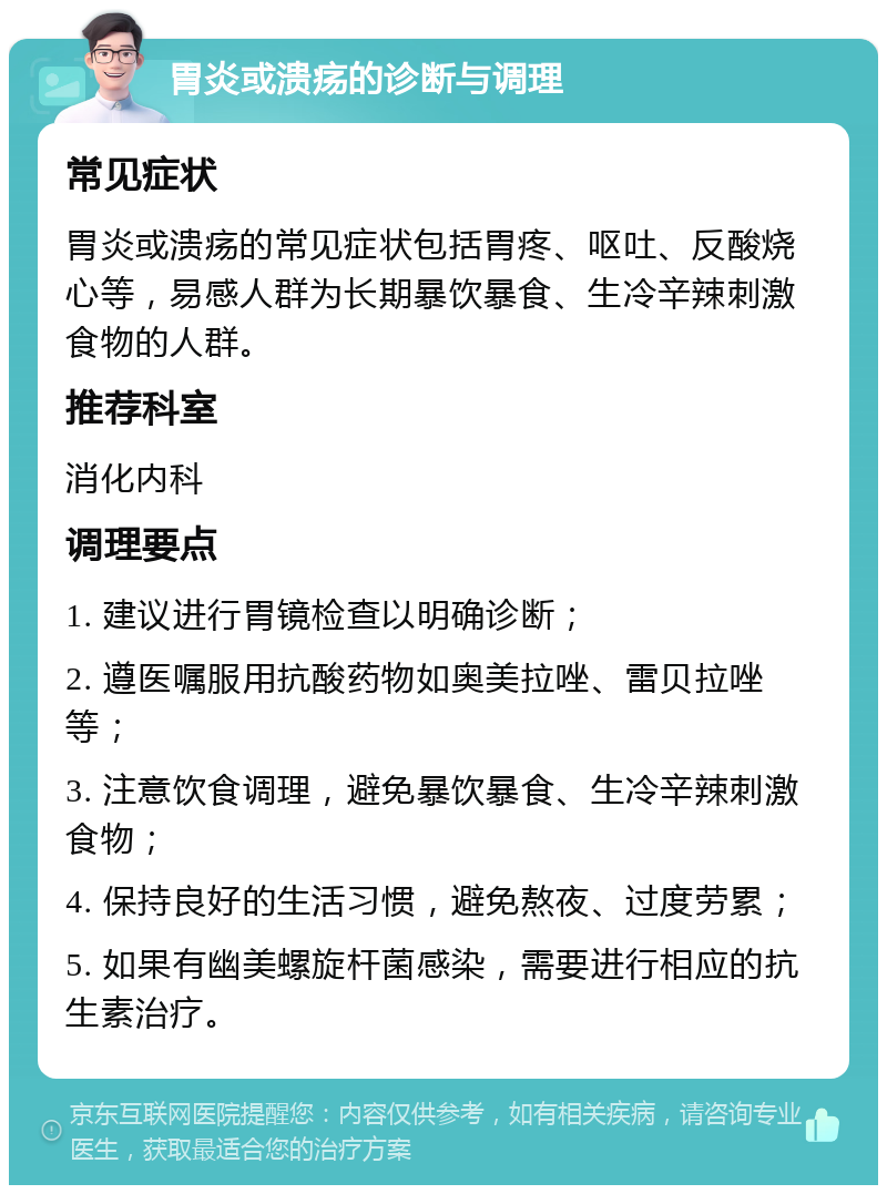 胃炎或溃疡的诊断与调理 常见症状 胃炎或溃疡的常见症状包括胃疼、呕吐、反酸烧心等，易感人群为长期暴饮暴食、生冷辛辣刺激食物的人群。 推荐科室 消化内科 调理要点 1. 建议进行胃镜检查以明确诊断； 2. 遵医嘱服用抗酸药物如奥美拉唑、雷贝拉唑等； 3. 注意饮食调理，避免暴饮暴食、生冷辛辣刺激食物； 4. 保持良好的生活习惯，避免熬夜、过度劳累； 5. 如果有幽美螺旋杆菌感染，需要进行相应的抗生素治疗。