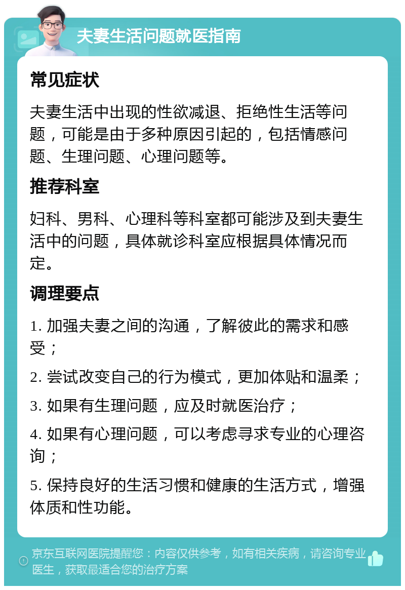 夫妻生活问题就医指南 常见症状 夫妻生活中出现的性欲减退、拒绝性生活等问题，可能是由于多种原因引起的，包括情感问题、生理问题、心理问题等。 推荐科室 妇科、男科、心理科等科室都可能涉及到夫妻生活中的问题，具体就诊科室应根据具体情况而定。 调理要点 1. 加强夫妻之间的沟通，了解彼此的需求和感受； 2. 尝试改变自己的行为模式，更加体贴和温柔； 3. 如果有生理问题，应及时就医治疗； 4. 如果有心理问题，可以考虑寻求专业的心理咨询； 5. 保持良好的生活习惯和健康的生活方式，增强体质和性功能。