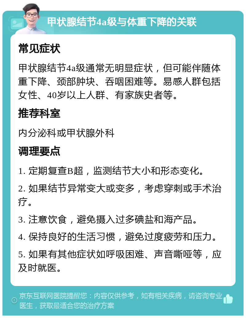 甲状腺结节4a级与体重下降的关联 常见症状 甲状腺结节4a级通常无明显症状，但可能伴随体重下降、颈部肿块、吞咽困难等。易感人群包括女性、40岁以上人群、有家族史者等。 推荐科室 内分泌科或甲状腺外科 调理要点 1. 定期复查B超，监测结节大小和形态变化。 2. 如果结节异常变大或变多，考虑穿刺或手术治疗。 3. 注意饮食，避免摄入过多碘盐和海产品。 4. 保持良好的生活习惯，避免过度疲劳和压力。 5. 如果有其他症状如呼吸困难、声音嘶哑等，应及时就医。