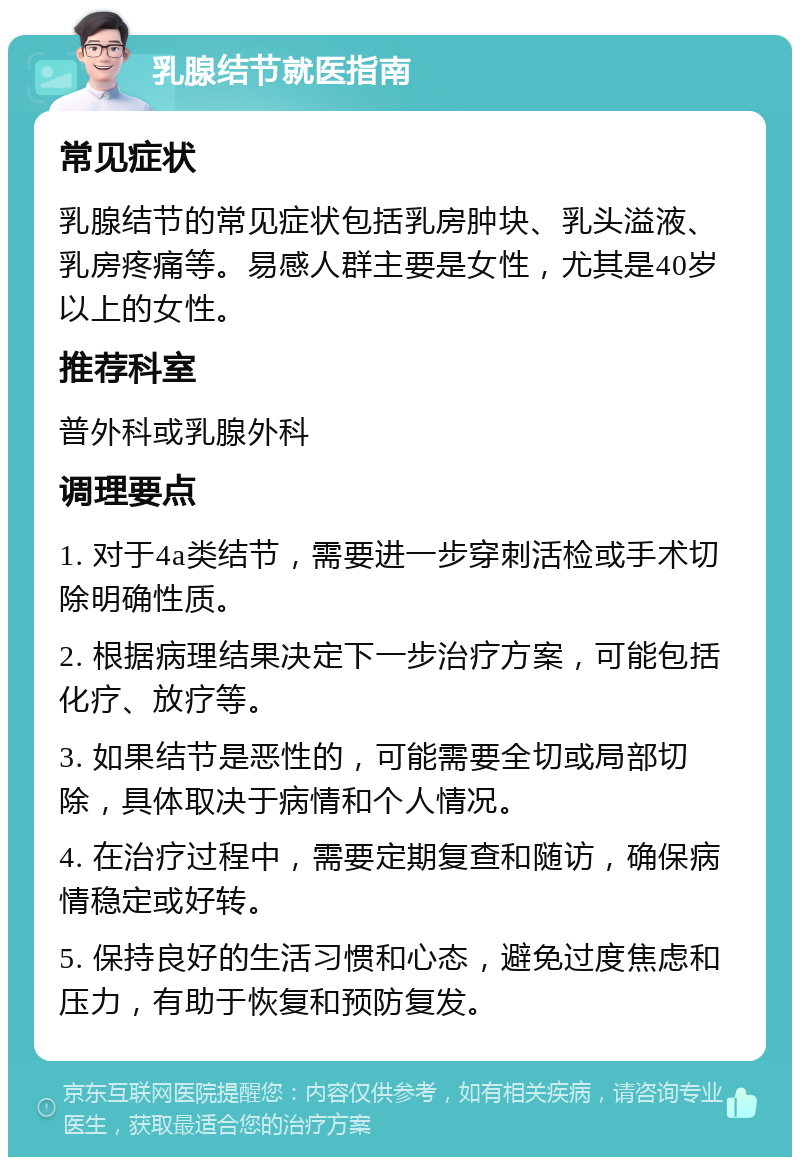 乳腺结节就医指南 常见症状 乳腺结节的常见症状包括乳房肿块、乳头溢液、乳房疼痛等。易感人群主要是女性，尤其是40岁以上的女性。 推荐科室 普外科或乳腺外科 调理要点 1. 对于4a类结节，需要进一步穿刺活检或手术切除明确性质。 2. 根据病理结果决定下一步治疗方案，可能包括化疗、放疗等。 3. 如果结节是恶性的，可能需要全切或局部切除，具体取决于病情和个人情况。 4. 在治疗过程中，需要定期复查和随访，确保病情稳定或好转。 5. 保持良好的生活习惯和心态，避免过度焦虑和压力，有助于恢复和预防复发。