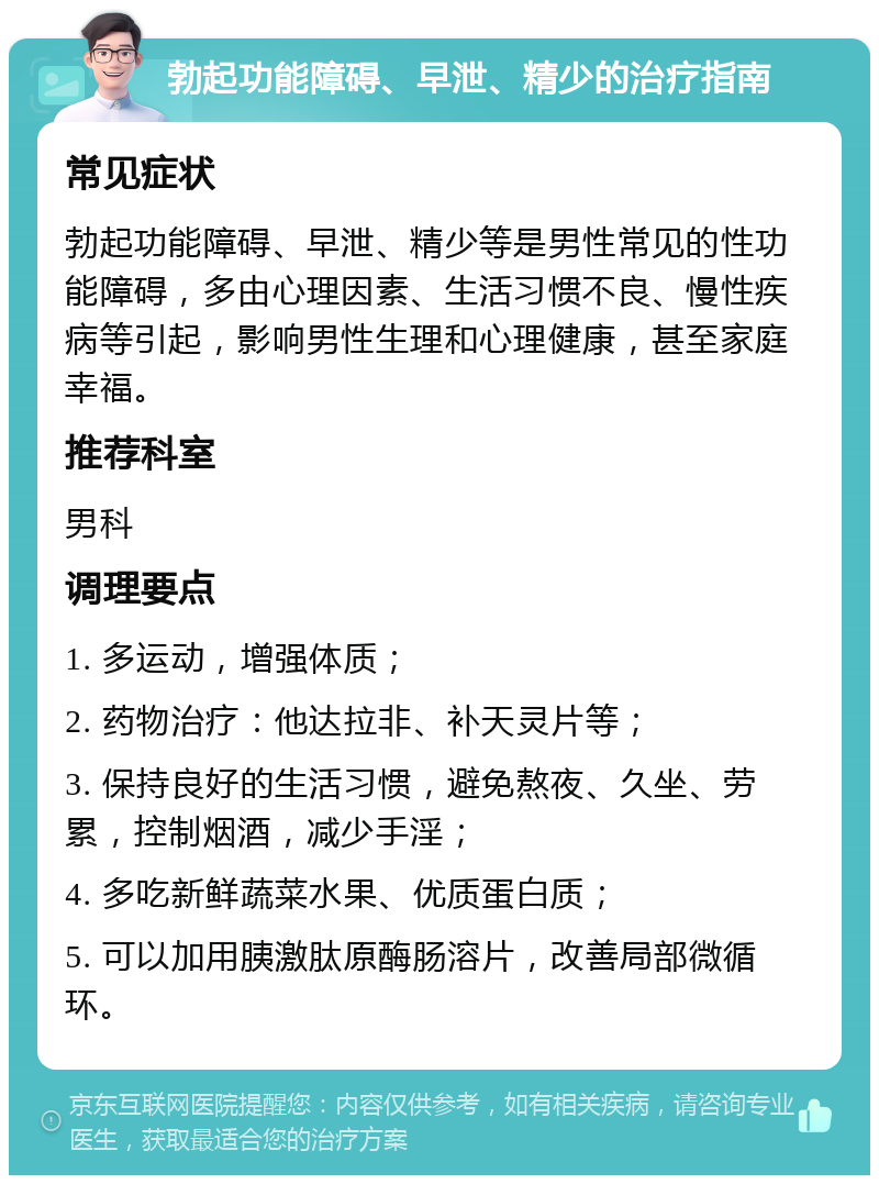 勃起功能障碍、早泄、精少的治疗指南 常见症状 勃起功能障碍、早泄、精少等是男性常见的性功能障碍，多由心理因素、生活习惯不良、慢性疾病等引起，影响男性生理和心理健康，甚至家庭幸福。 推荐科室 男科 调理要点 1. 多运动，增强体质； 2. 药物治疗：他达拉非、补天灵片等； 3. 保持良好的生活习惯，避免熬夜、久坐、劳累，控制烟酒，减少手淫； 4. 多吃新鲜蔬菜水果、优质蛋白质； 5. 可以加用胰激肽原酶肠溶片，改善局部微循环。