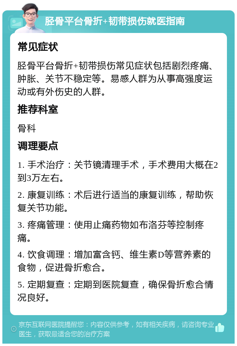 胫骨平台骨折+韧带损伤就医指南 常见症状 胫骨平台骨折+韧带损伤常见症状包括剧烈疼痛、肿胀、关节不稳定等。易感人群为从事高强度运动或有外伤史的人群。 推荐科室 骨科 调理要点 1. 手术治疗：关节镜清理手术，手术费用大概在2到3万左右。 2. 康复训练：术后进行适当的康复训练，帮助恢复关节功能。 3. 疼痛管理：使用止痛药物如布洛芬等控制疼痛。 4. 饮食调理：增加富含钙、维生素D等营养素的食物，促进骨折愈合。 5. 定期复查：定期到医院复查，确保骨折愈合情况良好。