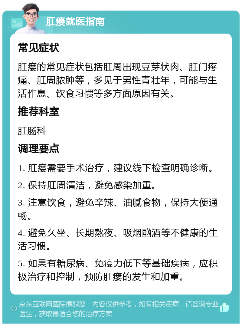 肛瘘就医指南 常见症状 肛瘘的常见症状包括肛周出现豆芽状肉、肛门疼痛、肛周脓肿等，多见于男性青壮年，可能与生活作息、饮食习惯等多方面原因有关。 推荐科室 肛肠科 调理要点 1. 肛瘘需要手术治疗，建议线下检查明确诊断。 2. 保持肛周清洁，避免感染加重。 3. 注意饮食，避免辛辣、油腻食物，保持大便通畅。 4. 避免久坐、长期熬夜、吸烟酗酒等不健康的生活习惯。 5. 如果有糖尿病、免疫力低下等基础疾病，应积极治疗和控制，预防肛瘘的发生和加重。