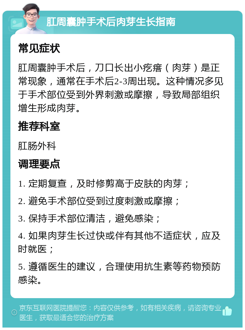 肛周囊肿手术后肉芽生长指南 常见症状 肛周囊肿手术后，刀口长出小疙瘩（肉芽）是正常现象，通常在手术后2-3周出现。这种情况多见于手术部位受到外界刺激或摩擦，导致局部组织增生形成肉芽。 推荐科室 肛肠外科 调理要点 1. 定期复查，及时修剪高于皮肤的肉芽； 2. 避免手术部位受到过度刺激或摩擦； 3. 保持手术部位清洁，避免感染； 4. 如果肉芽生长过快或伴有其他不适症状，应及时就医； 5. 遵循医生的建议，合理使用抗生素等药物预防感染。