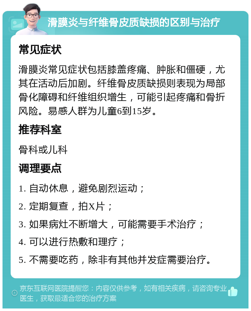 滑膜炎与纤维骨皮质缺损的区别与治疗 常见症状 滑膜炎常见症状包括膝盖疼痛、肿胀和僵硬，尤其在活动后加剧。纤维骨皮质缺损则表现为局部骨化障碍和纤维组织增生，可能引起疼痛和骨折风险。易感人群为儿童6到15岁。 推荐科室 骨科或儿科 调理要点 1. 自动休息，避免剧烈运动； 2. 定期复查，拍X片； 3. 如果病灶不断增大，可能需要手术治疗； 4. 可以进行热敷和理疗； 5. 不需要吃药，除非有其他并发症需要治疗。