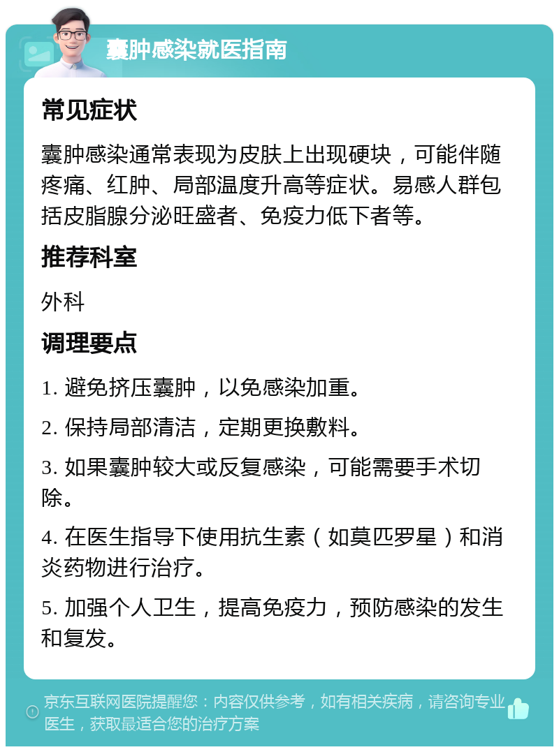 囊肿感染就医指南 常见症状 囊肿感染通常表现为皮肤上出现硬块，可能伴随疼痛、红肿、局部温度升高等症状。易感人群包括皮脂腺分泌旺盛者、免疫力低下者等。 推荐科室 外科 调理要点 1. 避免挤压囊肿，以免感染加重。 2. 保持局部清洁，定期更换敷料。 3. 如果囊肿较大或反复感染，可能需要手术切除。 4. 在医生指导下使用抗生素（如莫匹罗星）和消炎药物进行治疗。 5. 加强个人卫生，提高免疫力，预防感染的发生和复发。