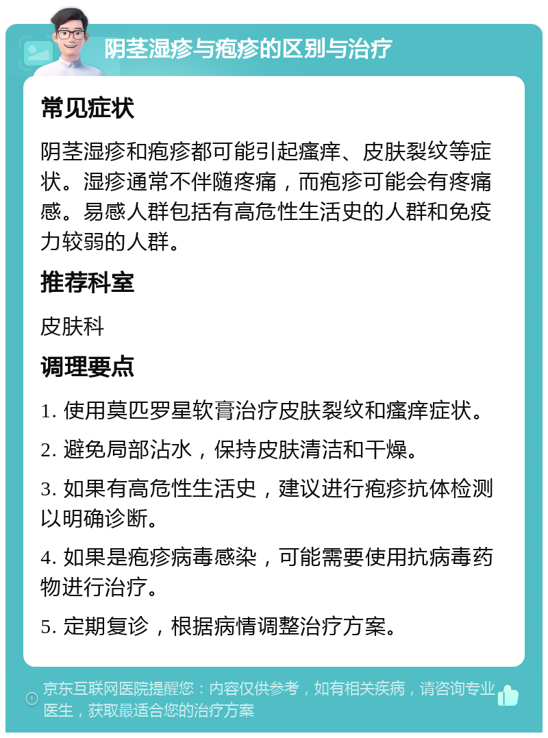 阴茎湿疹与疱疹的区别与治疗 常见症状 阴茎湿疹和疱疹都可能引起瘙痒、皮肤裂纹等症状。湿疹通常不伴随疼痛，而疱疹可能会有疼痛感。易感人群包括有高危性生活史的人群和免疫力较弱的人群。 推荐科室 皮肤科 调理要点 1. 使用莫匹罗星软膏治疗皮肤裂纹和瘙痒症状。 2. 避免局部沾水，保持皮肤清洁和干燥。 3. 如果有高危性生活史，建议进行疱疹抗体检测以明确诊断。 4. 如果是疱疹病毒感染，可能需要使用抗病毒药物进行治疗。 5. 定期复诊，根据病情调整治疗方案。