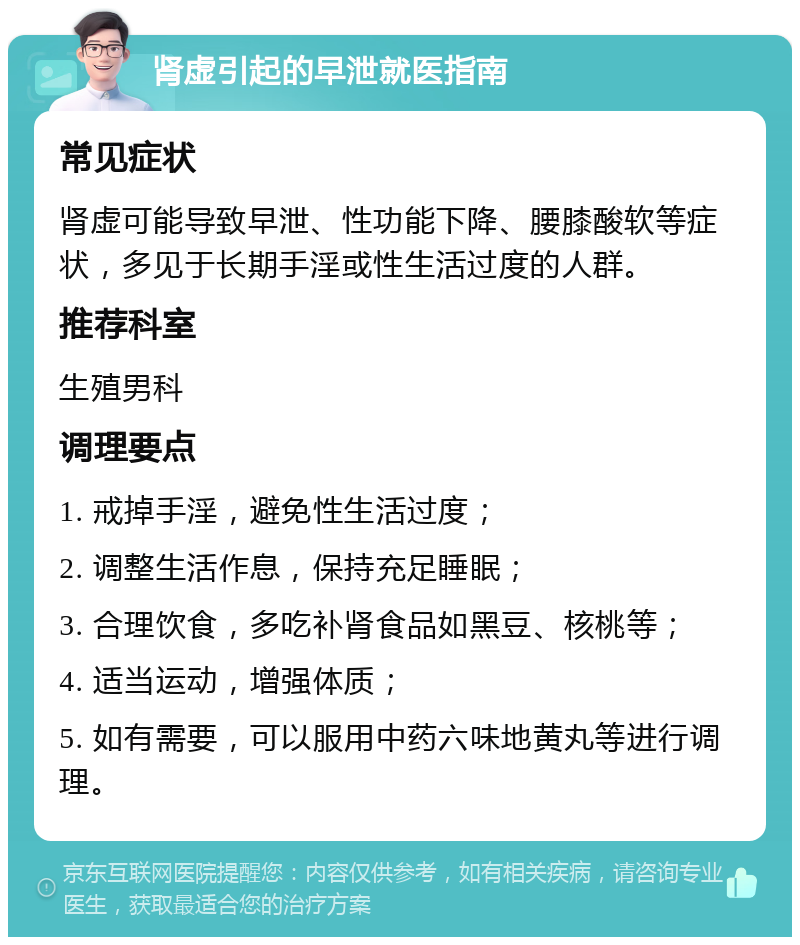 肾虚引起的早泄就医指南 常见症状 肾虚可能导致早泄、性功能下降、腰膝酸软等症状，多见于长期手淫或性生活过度的人群。 推荐科室 生殖男科 调理要点 1. 戒掉手淫，避免性生活过度； 2. 调整生活作息，保持充足睡眠； 3. 合理饮食，多吃补肾食品如黑豆、核桃等； 4. 适当运动，增强体质； 5. 如有需要，可以服用中药六味地黄丸等进行调理。