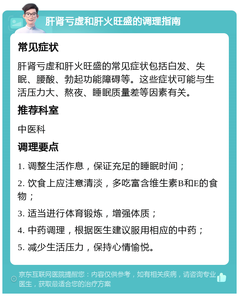 肝肾亏虚和肝火旺盛的调理指南 常见症状 肝肾亏虚和肝火旺盛的常见症状包括白发、失眠、腰酸、勃起功能障碍等。这些症状可能与生活压力大、熬夜、睡眠质量差等因素有关。 推荐科室 中医科 调理要点 1. 调整生活作息，保证充足的睡眠时间； 2. 饮食上应注意清淡，多吃富含维生素B和E的食物； 3. 适当进行体育锻炼，增强体质； 4. 中药调理，根据医生建议服用相应的中药； 5. 减少生活压力，保持心情愉悦。