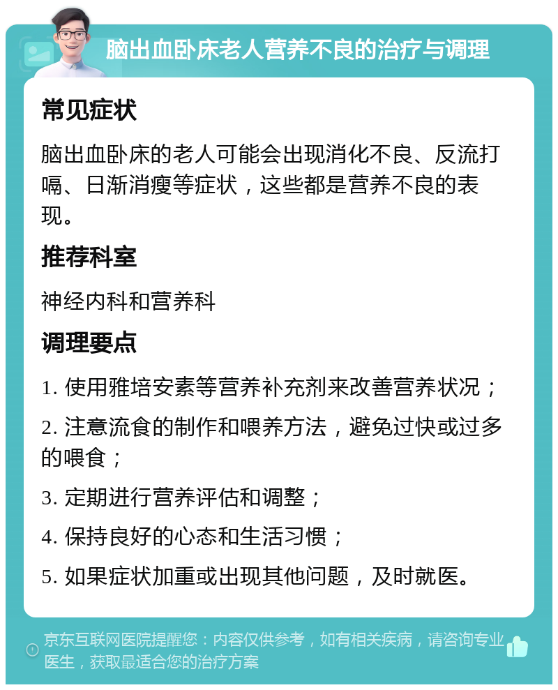 脑出血卧床老人营养不良的治疗与调理 常见症状 脑出血卧床的老人可能会出现消化不良、反流打嗝、日渐消瘦等症状，这些都是营养不良的表现。 推荐科室 神经内科和营养科 调理要点 1. 使用雅培安素等营养补充剂来改善营养状况； 2. 注意流食的制作和喂养方法，避免过快或过多的喂食； 3. 定期进行营养评估和调整； 4. 保持良好的心态和生活习惯； 5. 如果症状加重或出现其他问题，及时就医。