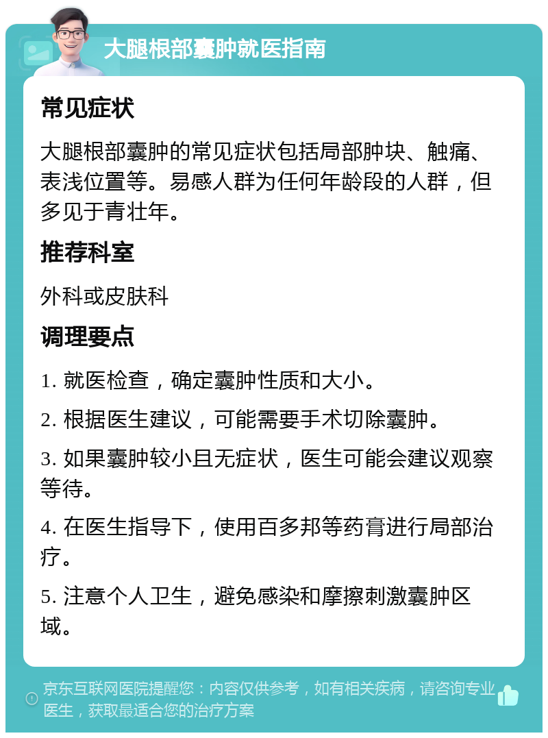 大腿根部囊肿就医指南 常见症状 大腿根部囊肿的常见症状包括局部肿块、触痛、表浅位置等。易感人群为任何年龄段的人群，但多见于青壮年。 推荐科室 外科或皮肤科 调理要点 1. 就医检查，确定囊肿性质和大小。 2. 根据医生建议，可能需要手术切除囊肿。 3. 如果囊肿较小且无症状，医生可能会建议观察等待。 4. 在医生指导下，使用百多邦等药膏进行局部治疗。 5. 注意个人卫生，避免感染和摩擦刺激囊肿区域。