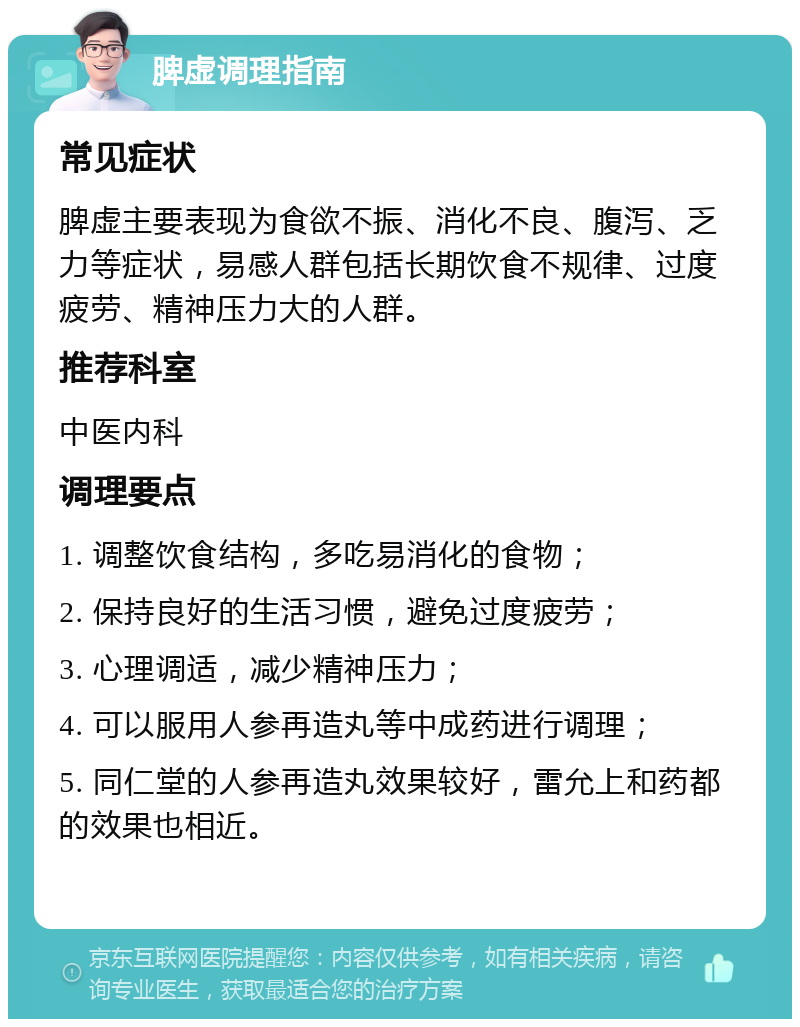 脾虚调理指南 常见症状 脾虚主要表现为食欲不振、消化不良、腹泻、乏力等症状，易感人群包括长期饮食不规律、过度疲劳、精神压力大的人群。 推荐科室 中医内科 调理要点 1. 调整饮食结构，多吃易消化的食物； 2. 保持良好的生活习惯，避免过度疲劳； 3. 心理调适，减少精神压力； 4. 可以服用人参再造丸等中成药进行调理； 5. 同仁堂的人参再造丸效果较好，雷允上和药都的效果也相近。