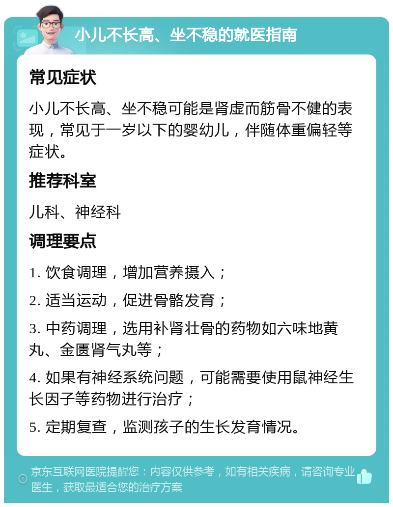 小儿不长高、坐不稳的就医指南 常见症状 小儿不长高、坐不稳可能是肾虚而筋骨不健的表现，常见于一岁以下的婴幼儿，伴随体重偏轻等症状。 推荐科室 儿科、神经科 调理要点 1. 饮食调理，增加营养摄入； 2. 适当运动，促进骨骼发育； 3. 中药调理，选用补肾壮骨的药物如六味地黄丸、金匮肾气丸等； 4. 如果有神经系统问题，可能需要使用鼠神经生长因子等药物进行治疗； 5. 定期复查，监测孩子的生长发育情况。