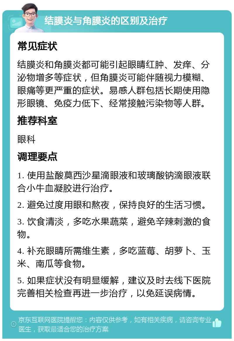 结膜炎与角膜炎的区别及治疗 常见症状 结膜炎和角膜炎都可能引起眼睛红肿、发痒、分泌物增多等症状，但角膜炎可能伴随视力模糊、眼痛等更严重的症状。易感人群包括长期使用隐形眼镜、免疫力低下、经常接触污染物等人群。 推荐科室 眼科 调理要点 1. 使用盐酸莫西沙星滴眼液和玻璃酸钠滴眼液联合小牛血凝胶进行治疗。 2. 避免过度用眼和熬夜，保持良好的生活习惯。 3. 饮食清淡，多吃水果蔬菜，避免辛辣刺激的食物。 4. 补充眼睛所需维生素，多吃蓝莓、胡萝卜、玉米、南瓜等食物。 5. 如果症状没有明显缓解，建议及时去线下医院完善相关检查再进一步治疗，以免延误病情。