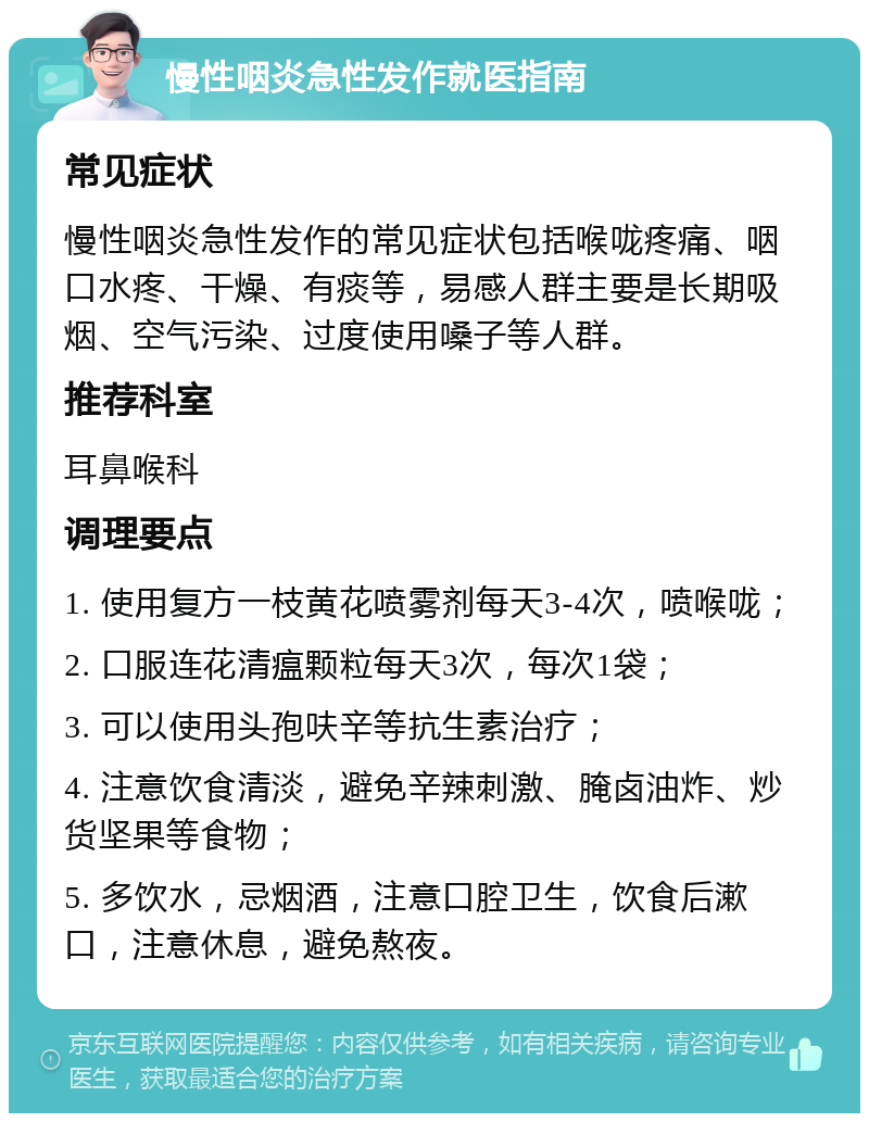 慢性咽炎急性发作就医指南 常见症状 慢性咽炎急性发作的常见症状包括喉咙疼痛、咽口水疼、干燥、有痰等，易感人群主要是长期吸烟、空气污染、过度使用嗓子等人群。 推荐科室 耳鼻喉科 调理要点 1. 使用复方一枝黄花喷雾剂每天3-4次，喷喉咙； 2. 口服连花清瘟颗粒每天3次，每次1袋； 3. 可以使用头孢呋辛等抗生素治疗； 4. 注意饮食清淡，避免辛辣刺激、腌卤油炸、炒货坚果等食物； 5. 多饮水，忌烟酒，注意口腔卫生，饮食后漱口，注意休息，避免熬夜。