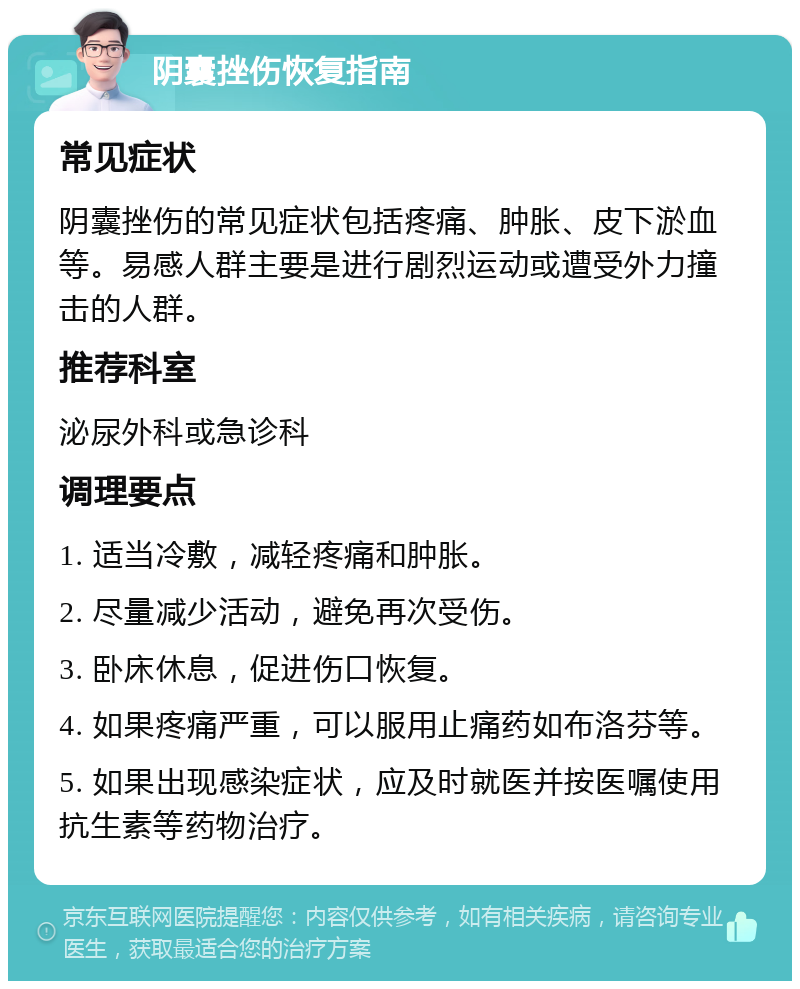 阴囊挫伤恢复指南 常见症状 阴囊挫伤的常见症状包括疼痛、肿胀、皮下淤血等。易感人群主要是进行剧烈运动或遭受外力撞击的人群。 推荐科室 泌尿外科或急诊科 调理要点 1. 适当冷敷，减轻疼痛和肿胀。 2. 尽量减少活动，避免再次受伤。 3. 卧床休息，促进伤口恢复。 4. 如果疼痛严重，可以服用止痛药如布洛芬等。 5. 如果出现感染症状，应及时就医并按医嘱使用抗生素等药物治疗。