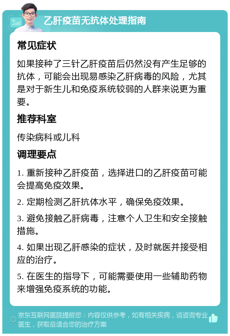 乙肝疫苗无抗体处理指南 常见症状 如果接种了三针乙肝疫苗后仍然没有产生足够的抗体，可能会出现易感染乙肝病毒的风险，尤其是对于新生儿和免疫系统较弱的人群来说更为重要。 推荐科室 传染病科或儿科 调理要点 1. 重新接种乙肝疫苗，选择进口的乙肝疫苗可能会提高免疫效果。 2. 定期检测乙肝抗体水平，确保免疫效果。 3. 避免接触乙肝病毒，注意个人卫生和安全接触措施。 4. 如果出现乙肝感染的症状，及时就医并接受相应的治疗。 5. 在医生的指导下，可能需要使用一些辅助药物来增强免疫系统的功能。