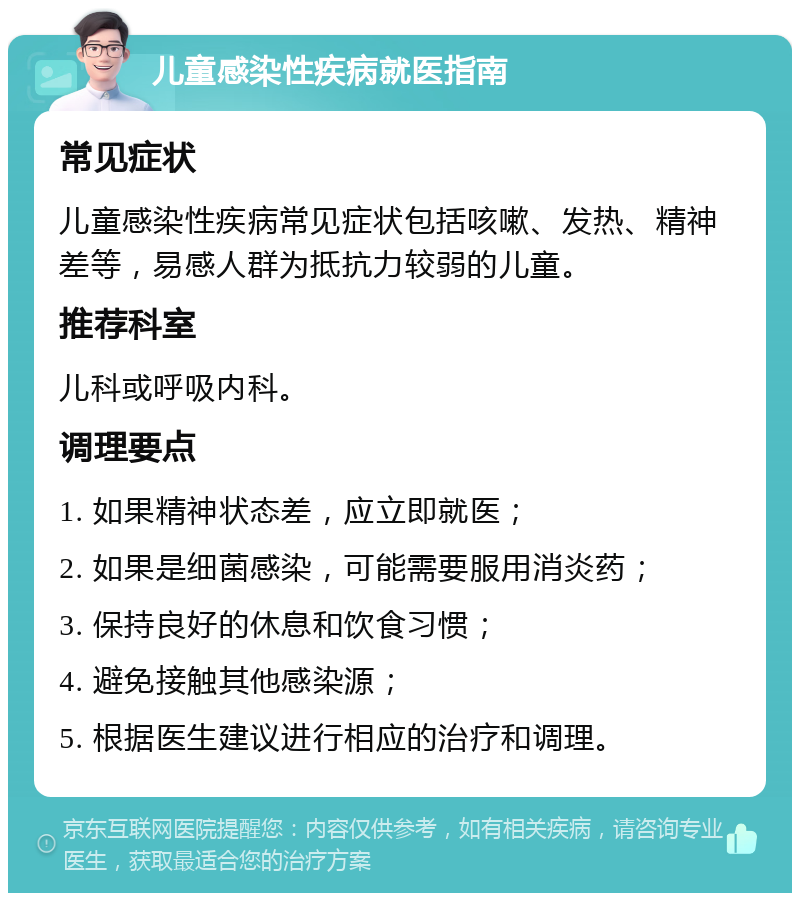 儿童感染性疾病就医指南 常见症状 儿童感染性疾病常见症状包括咳嗽、发热、精神差等，易感人群为抵抗力较弱的儿童。 推荐科室 儿科或呼吸内科。 调理要点 1. 如果精神状态差，应立即就医； 2. 如果是细菌感染，可能需要服用消炎药； 3. 保持良好的休息和饮食习惯； 4. 避免接触其他感染源； 5. 根据医生建议进行相应的治疗和调理。